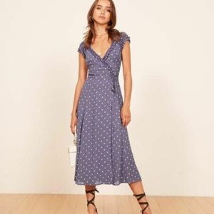 Reformation Purple Gwenyth Polka Dot Wrap Midi Dress (Medium)